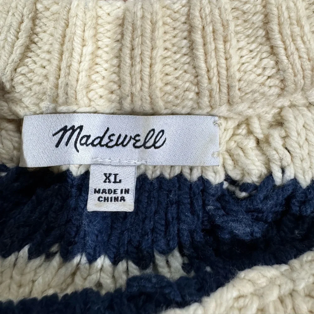 Madewell Cable-Knit Oversized Sweater in Stripe White and Navy Blue‎ Size XL